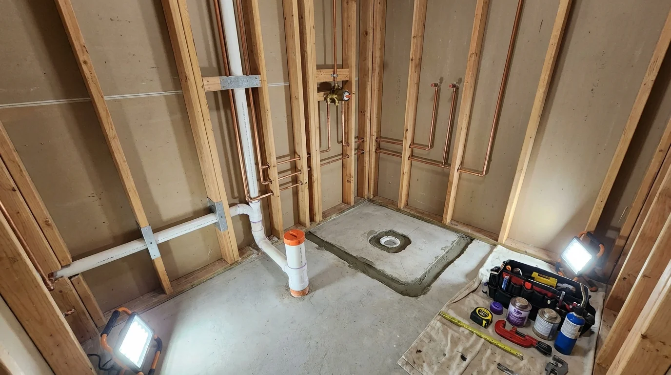 Bathroom rough-in plumbing during remodel by Johns Plumbing LLC in Saint Pauls