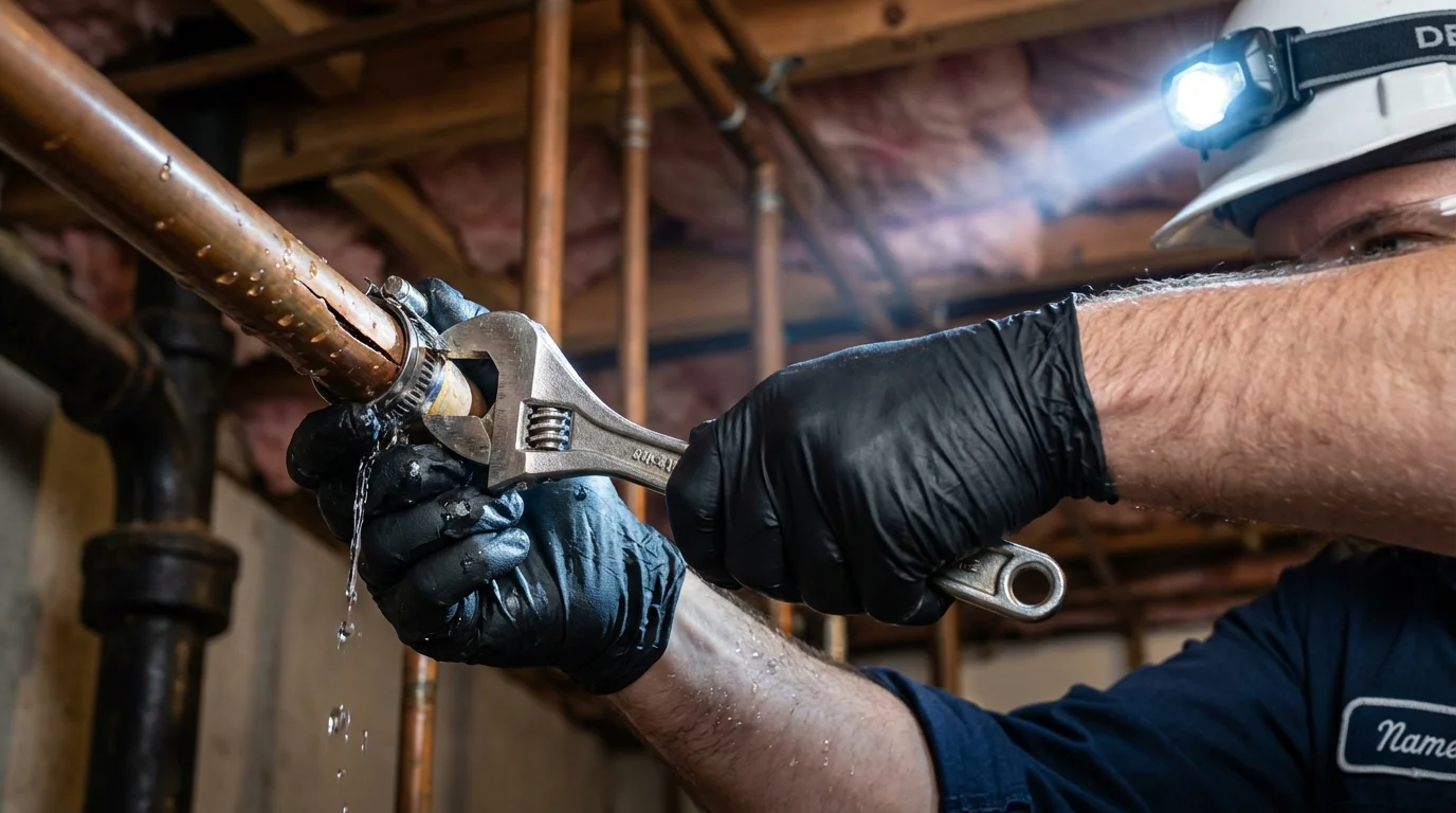 Emergency pipe clamp repair being performed by a Johns Plumbing LLC plumber in Saint Pauls