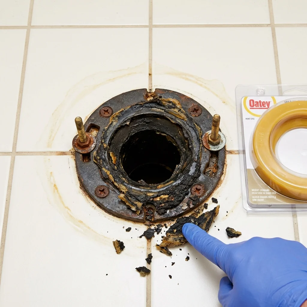 Failed wax ring showing water seepage at the base of a toilet in a Saint Pauls, NC home