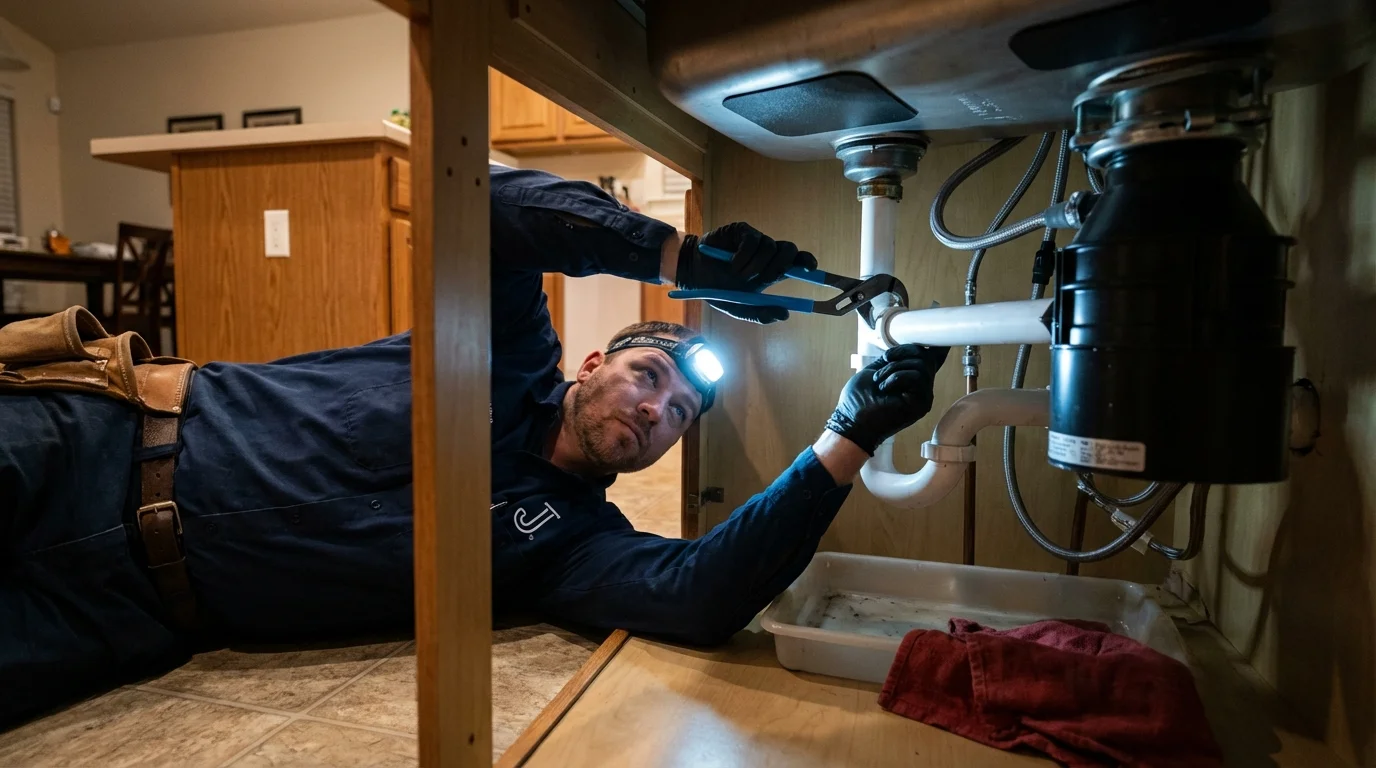P-trap and supply line connections under a kitchen sink showing a common leak point in Saint Pauls, NC